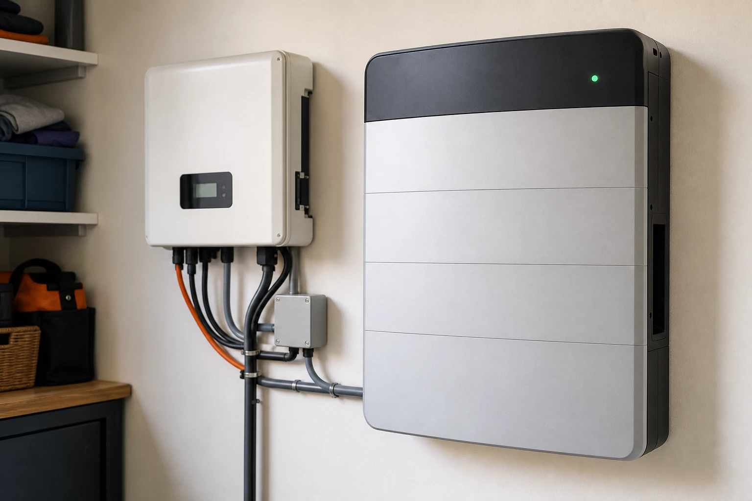 Wandmontierter Heim-Batteriespeicher in einem aufgeräumten Technikraum, mit Kabeln zum Wechselrichter daneben