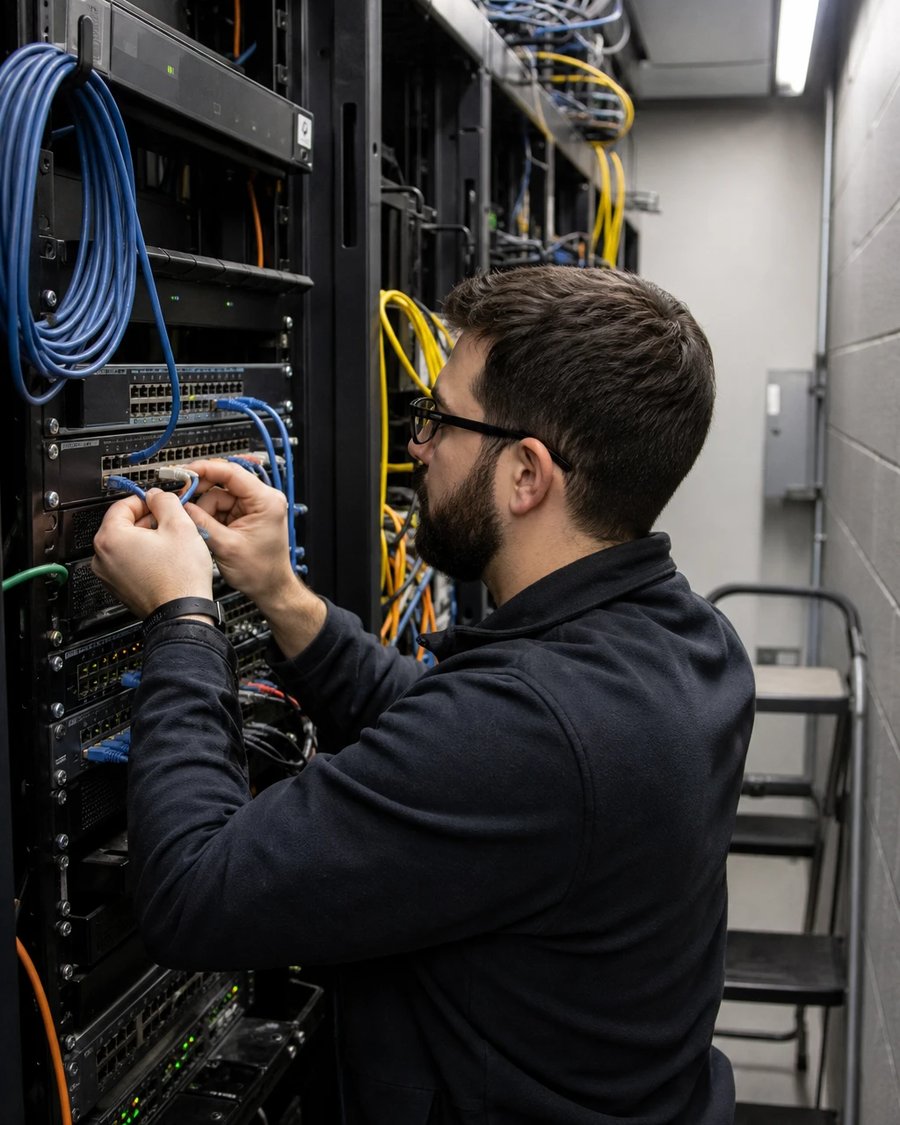 Administrator steckt ein Patchkabel in einen Rack-Switch im Serverraum eines kommunalen Versorgers