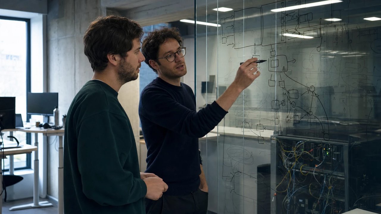 Zwei KI-Forschende stehen vor einer Glaswand mit handgezeichnetem Architekturdiagramm in einem jungen europäischen Startup-Büro mit Betonwänden
