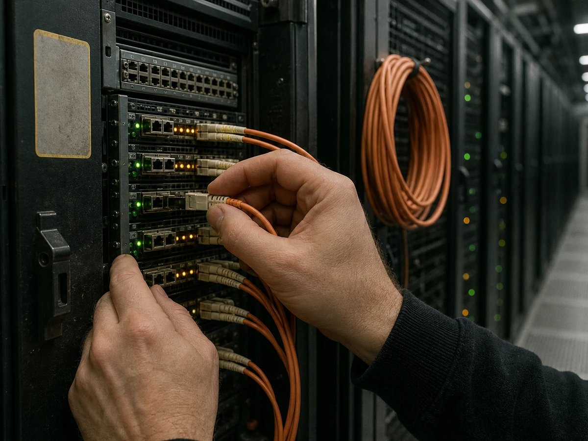 Hände eines Technikers stecken ein orangefarbenes Glasfaser-Patchkabel in ein dichtes Netzwerk-Panel in einer europäischen Hochleistungsrechenhalle
