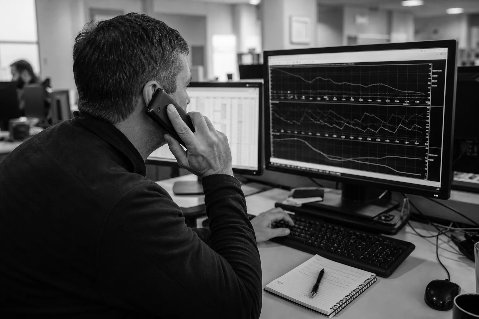 Mitarbeiter im Leitstand telefoniert und blickt dabei auf einen Monitor mit Fahrplankurven