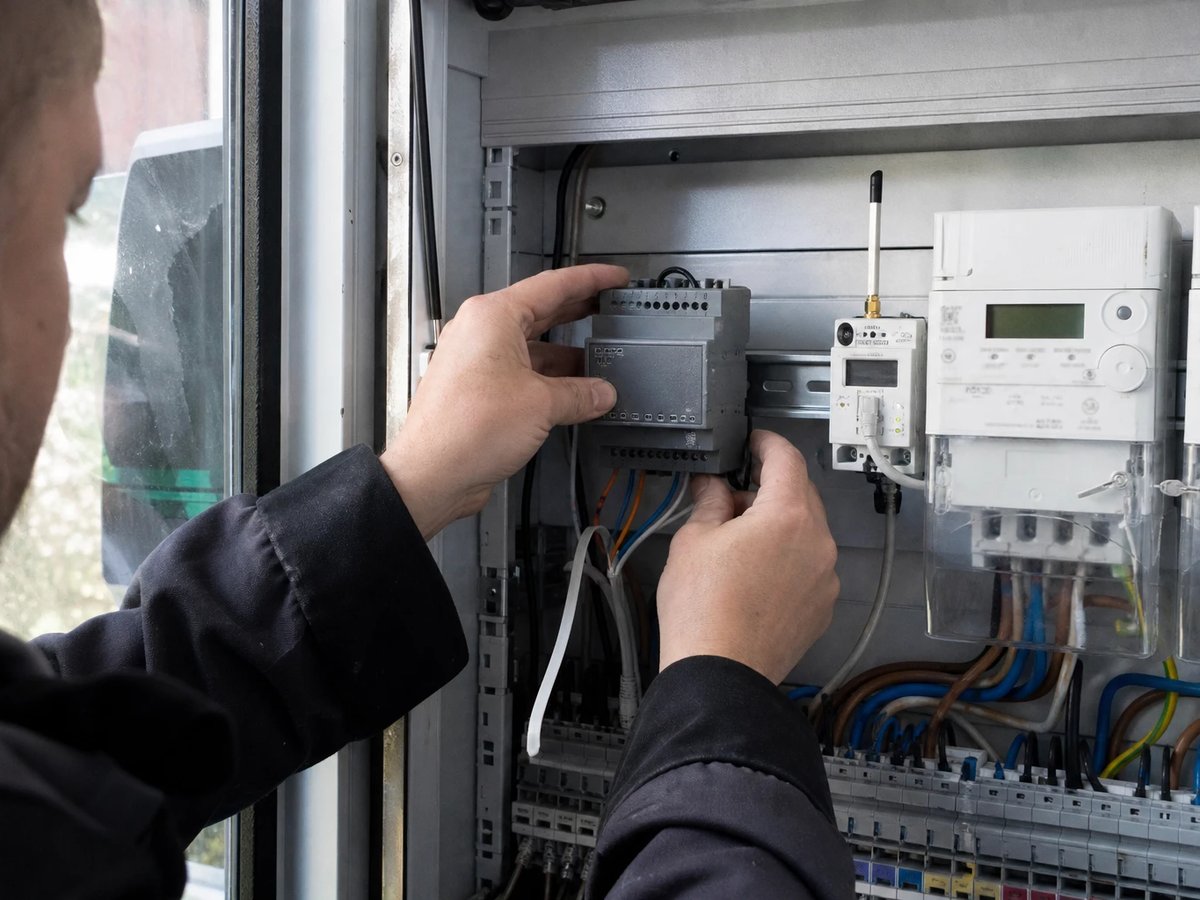 Hände montieren ein kleines graues Steuerbox-Modul auf die Hutschiene im offenen Zählerschrank neben einem digitalen Stromzähler