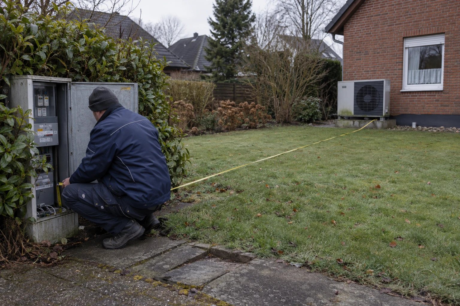 Monteur misst am geöffneten Hausanschluss die Entfernung über den Rasen bis zur Wärmepumpe an der Giebelwand