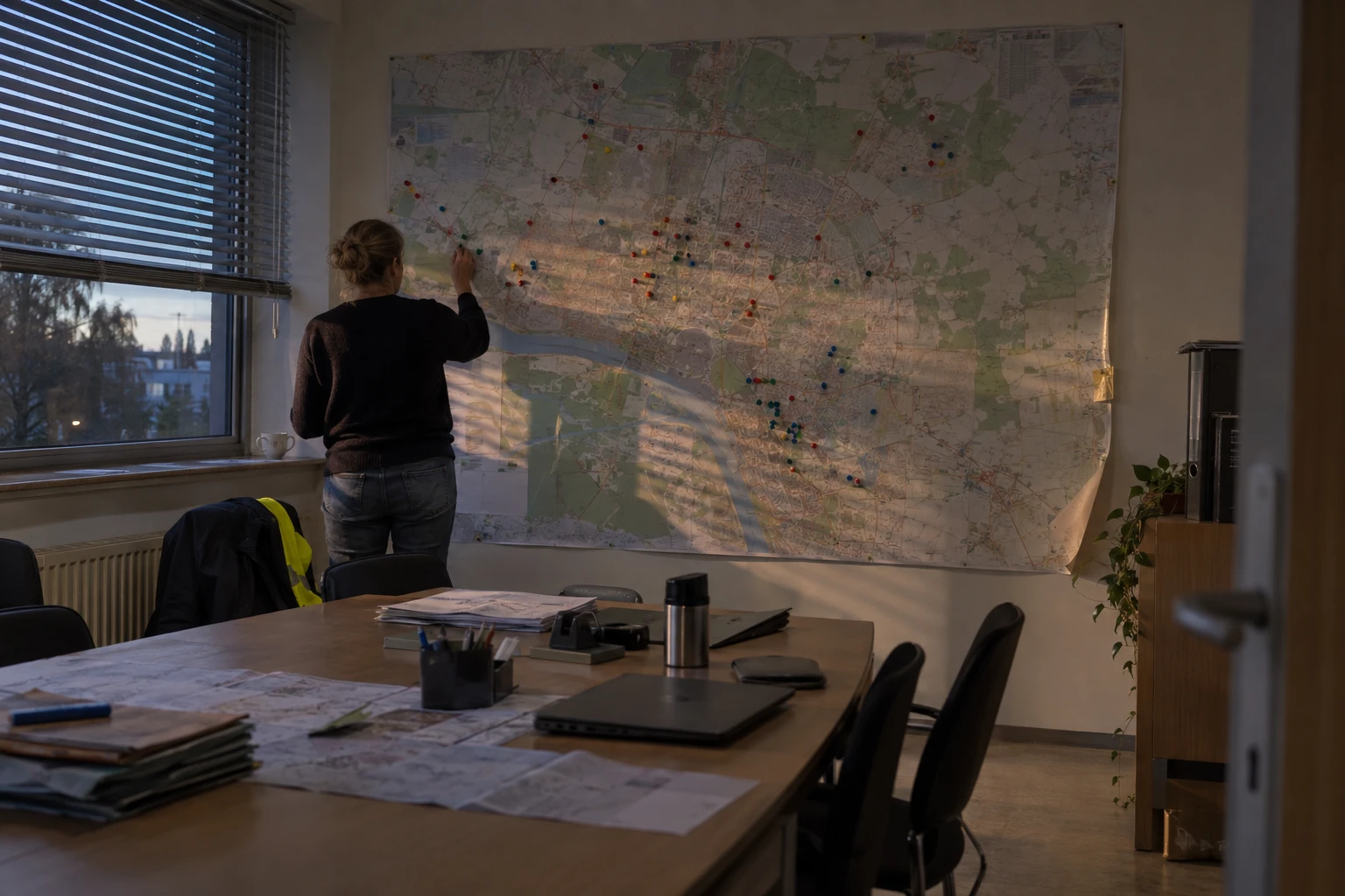 Mitarbeiterin steckt farbige Nadeln in eine großformatige Straßenkarte an der Wand des Rollout-Planungsraums