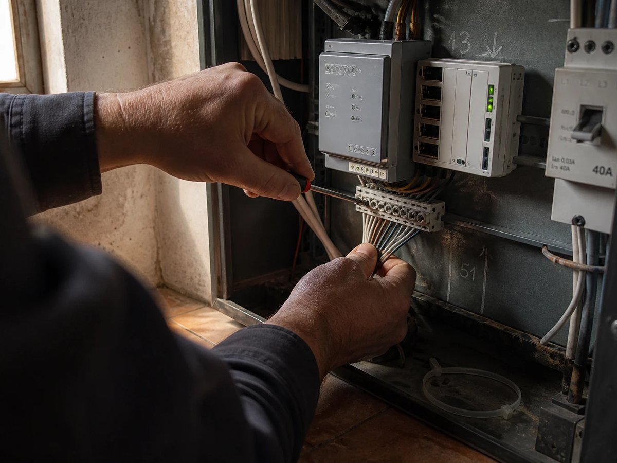 Hände eines Elektrikers montieren im engen Zählerschrank eine Klemmleiste unterhalb von Gateway und grauer Steuereinheit