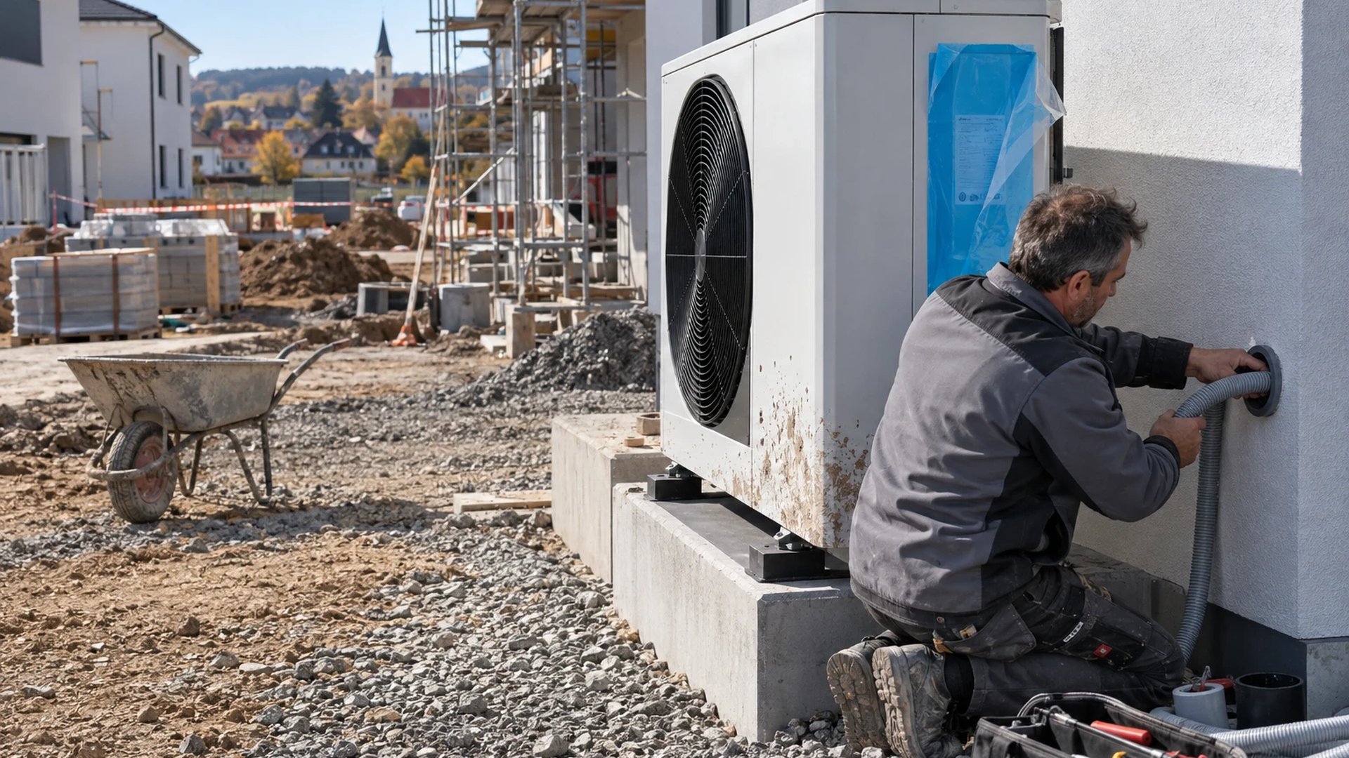 Elektriker schließt im Neubaugebiet die Außeneinheit einer Wärmepumpe an, daneben Gerüst und Kies