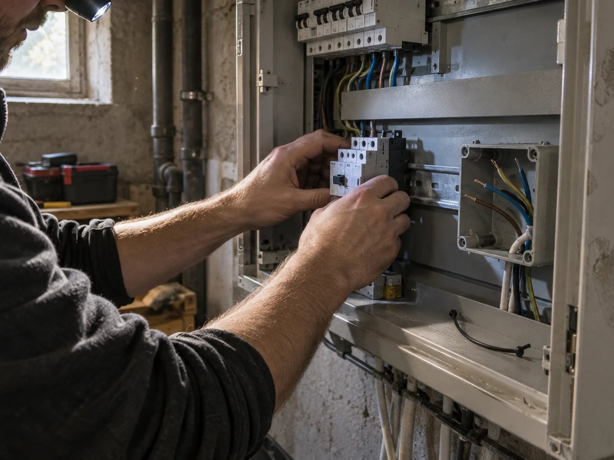 Elektriker setzt im Keller eines Einfamilienhauses ein Schütz auf die Hutschiene eines offenen Zählerschranks