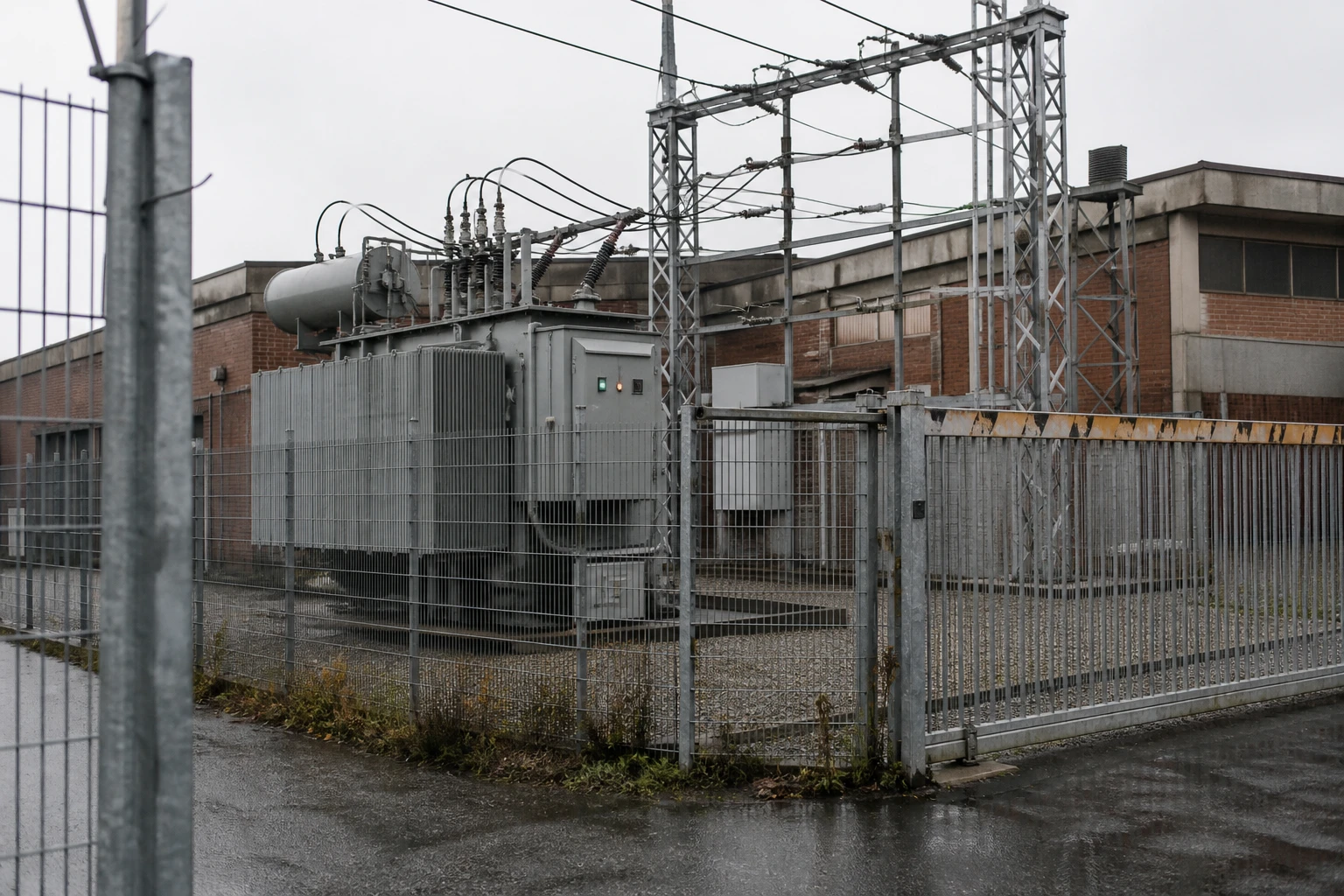 Umspannstation mit Mittelspannungstransformator und Freileitungen am Rand eines Industriegeländes hinter einem Zaun unter bedecktem Himmel