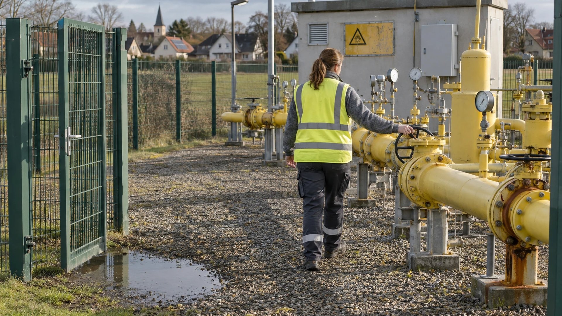 Technikerin an einer Gasdruckregelanlage am Ortsrand, Blick entlang der gelben Rohrstrecke