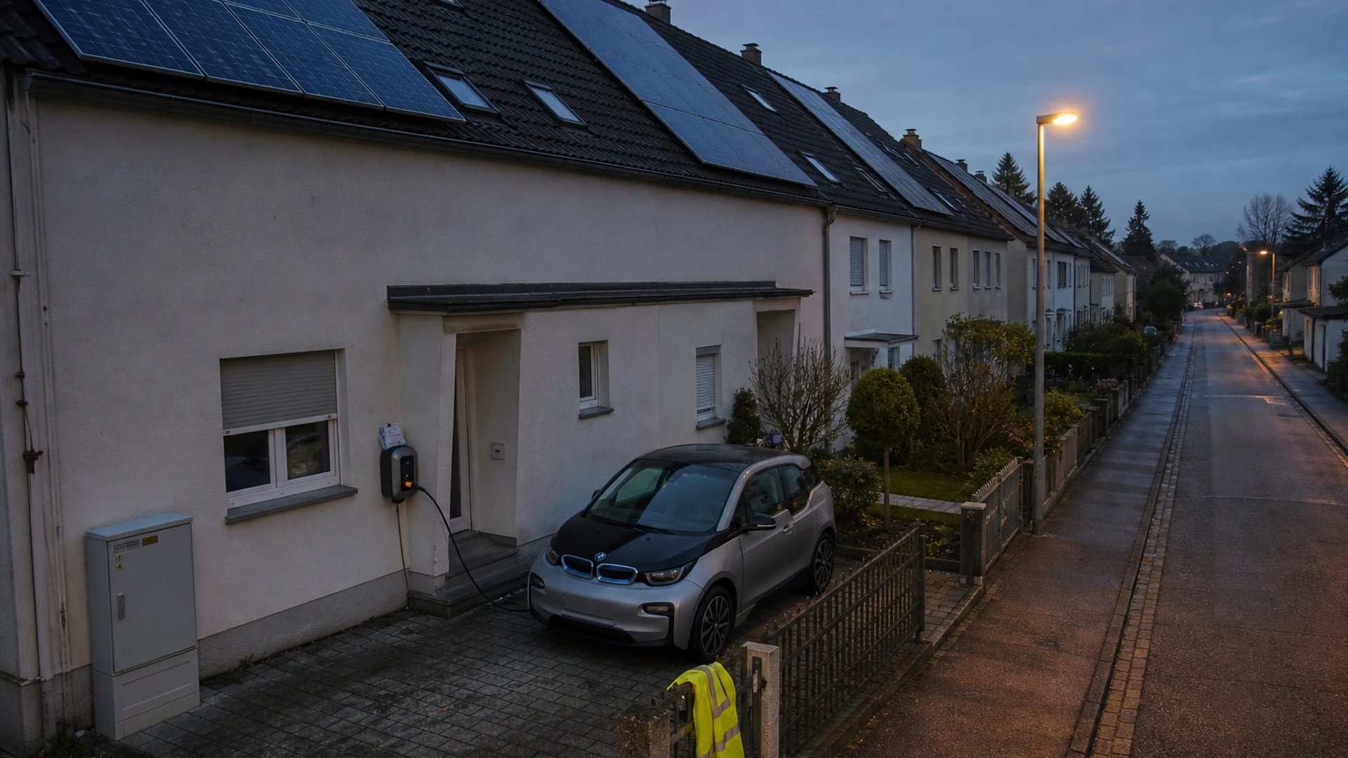 Ruhige Wohnstraße in der Dämmerung mit Solardächern, einem ladenden E-Auto an der Wallbox und einem grauen Zählerschrank