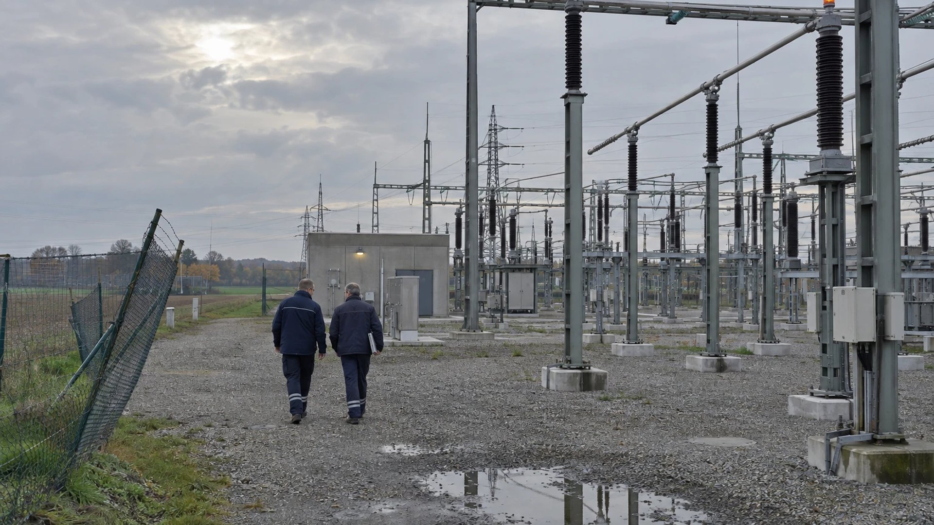 Zwei Netzingenieure gehen über den Schotterweg eines 380-kV-Umspannwerks im Rheinland zum Relaisgebäude