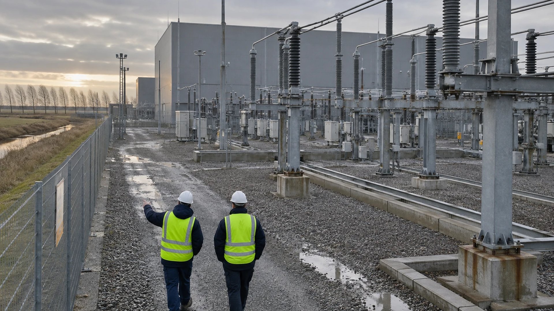 Zwei Ingenieure gehen auf dem Kiesweg durch die Schaltanlage neben der Halle einer Konverterstation in Ostfriesland