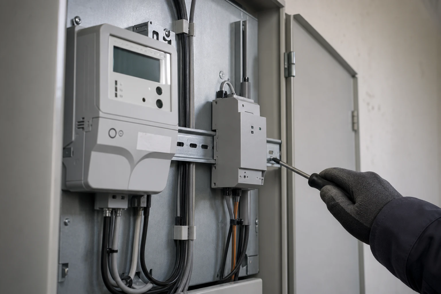 Geöffneter grauer Zählerschrank, eine behandschuhte Hand montiert ein Smart-Meter-Kommunikationsmodul auf der Hutschiene