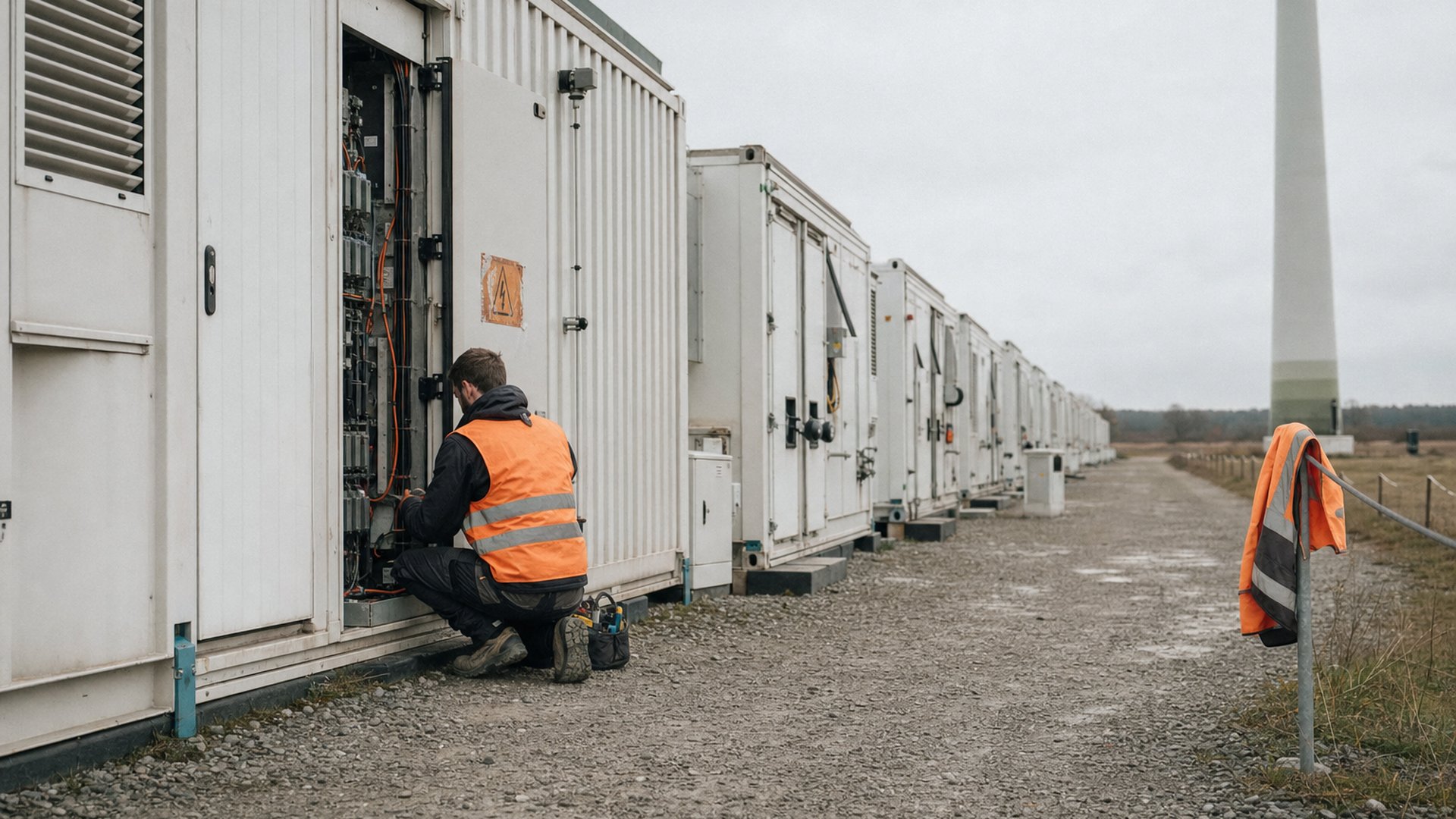 Wartungstechniker im orangen Sicherheitsweste prüft industrielle Batteriespeicher-Container an einem deutschen Windpark unter bewölktem Himmel