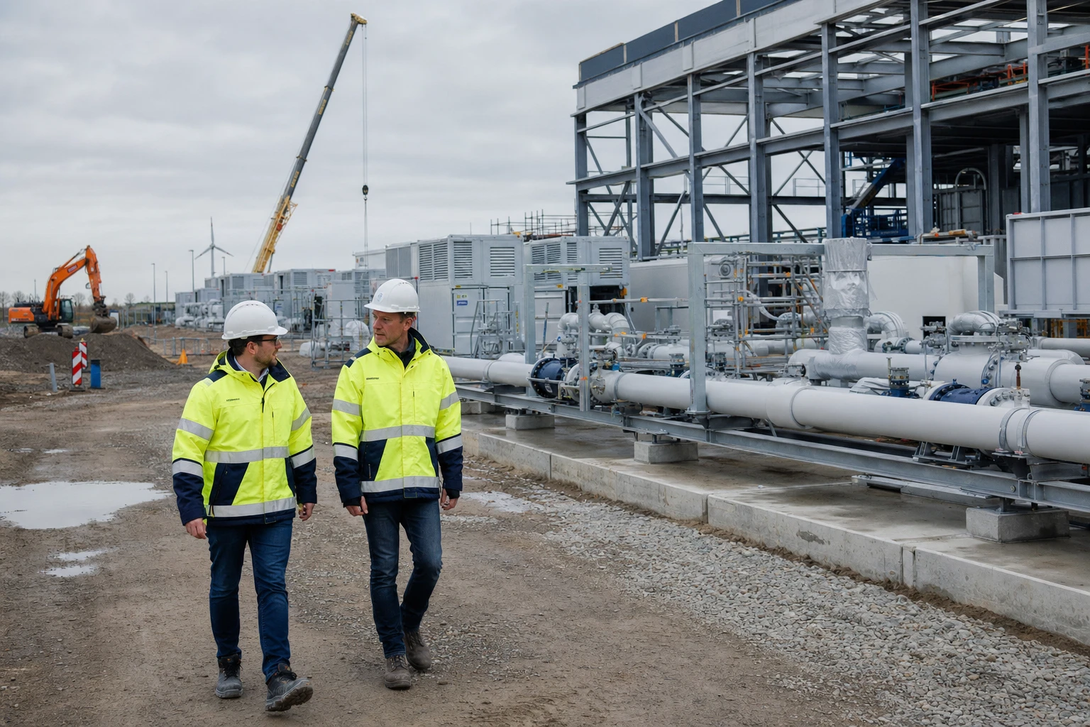 zwei Ingenieure auf der Baustelle einer Wasserstoff-Elektrolyseanlage