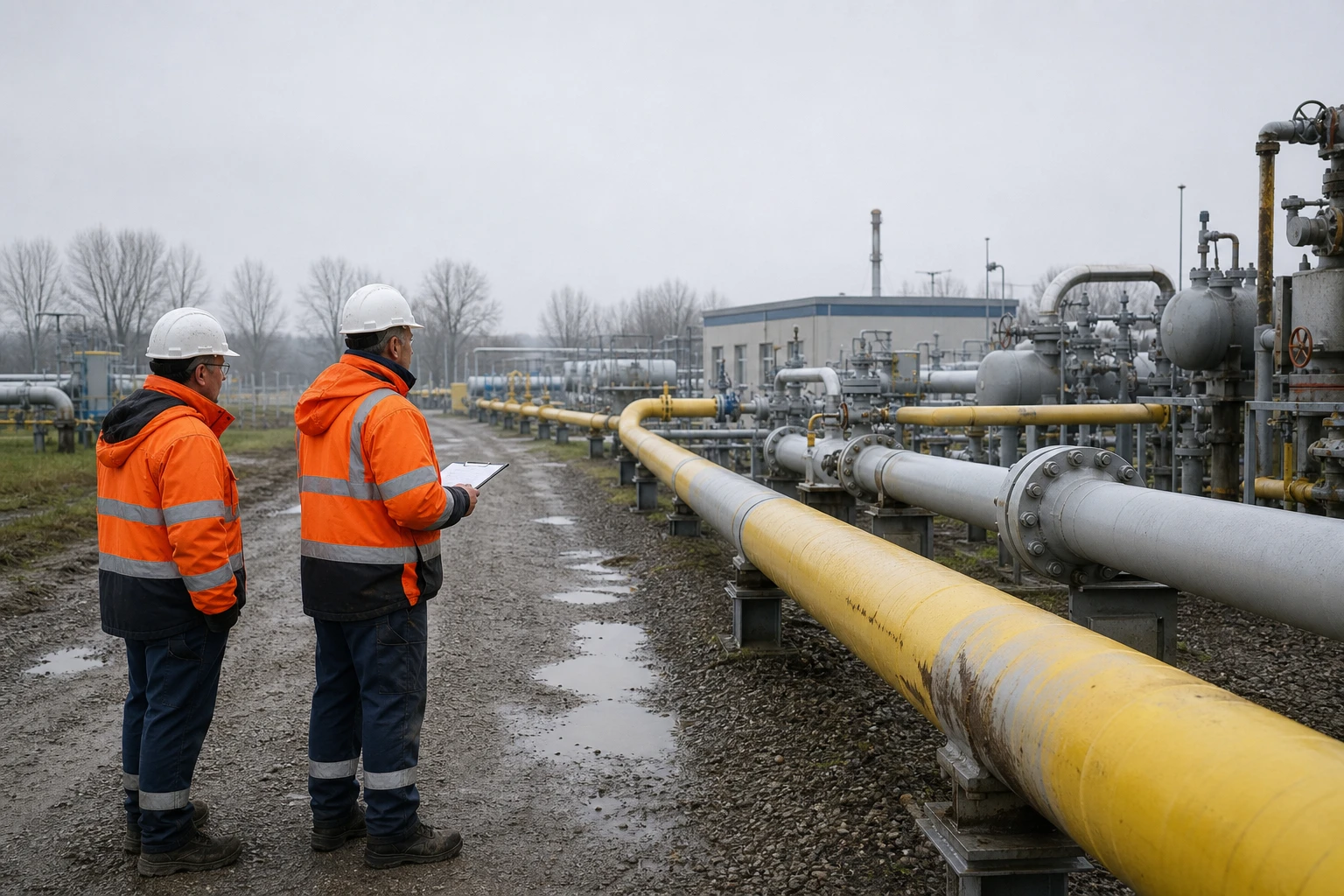 zwei Energie-Ingenieure in orangefarbener Warnkleidung vor einer gelben Wasserstoff-Fernleitung an einer Verdichterstation