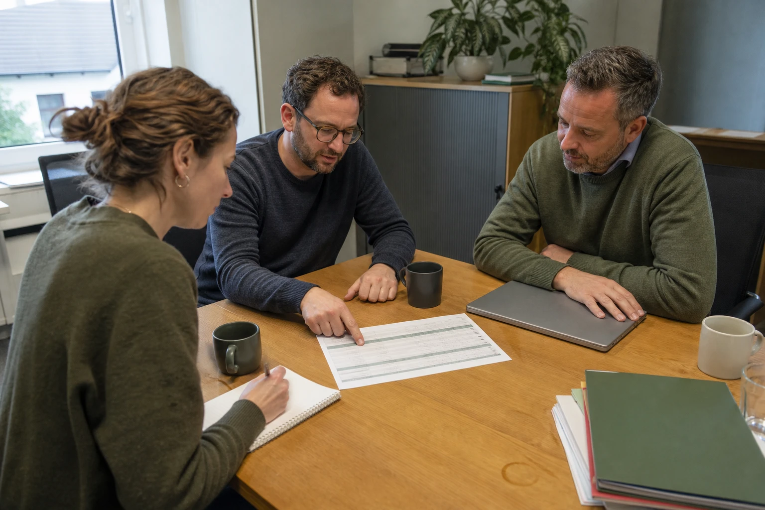 drei Fachleute eines Energieunternehmens prüfen an einem Tisch ein gedrucktes Kapazitätsdokument für die Reservierung