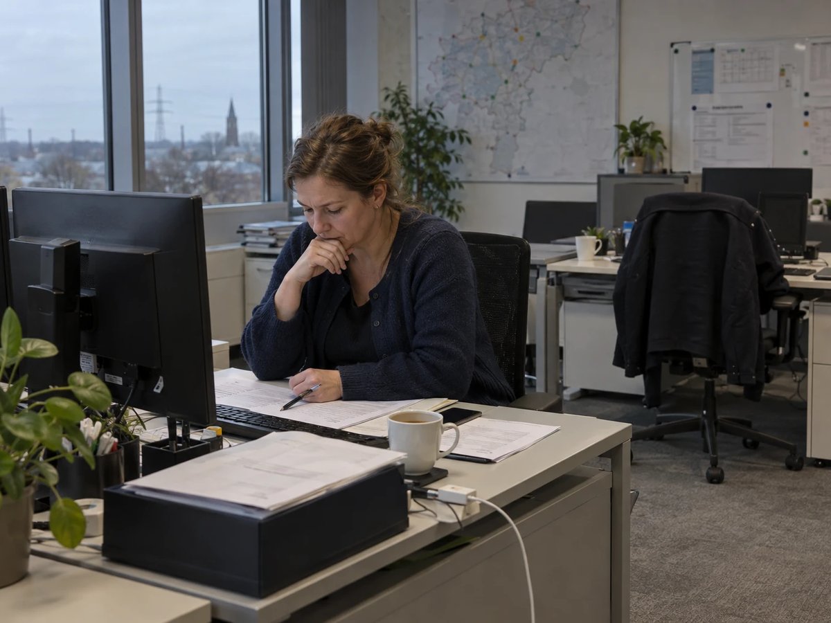 Bilanzkreismanagerin eines Regionalversorgers prüft am Schreibtisch einen ausgedruckten Positionsbericht