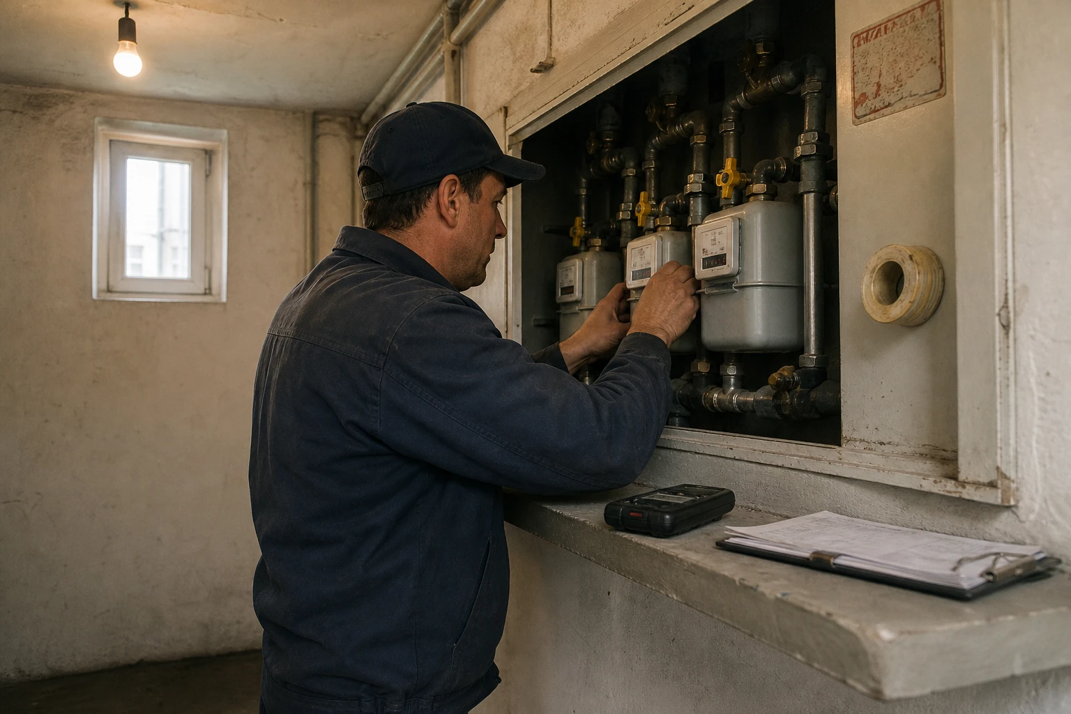 Messtechniker baut einen digitalen Gaszähler in einen wandmontierten Zählerschrank mit mehreren Gaszählern ein