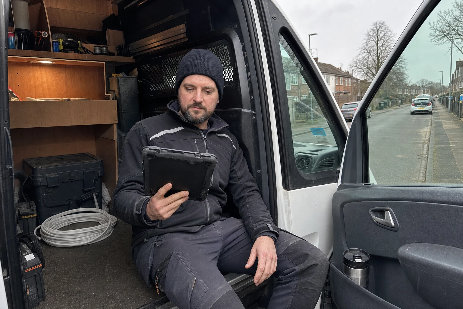 Field-Service-Techniker prüft im offenen Seitentür-Bereich eines Transporters einen Tablet-Einsatzplan