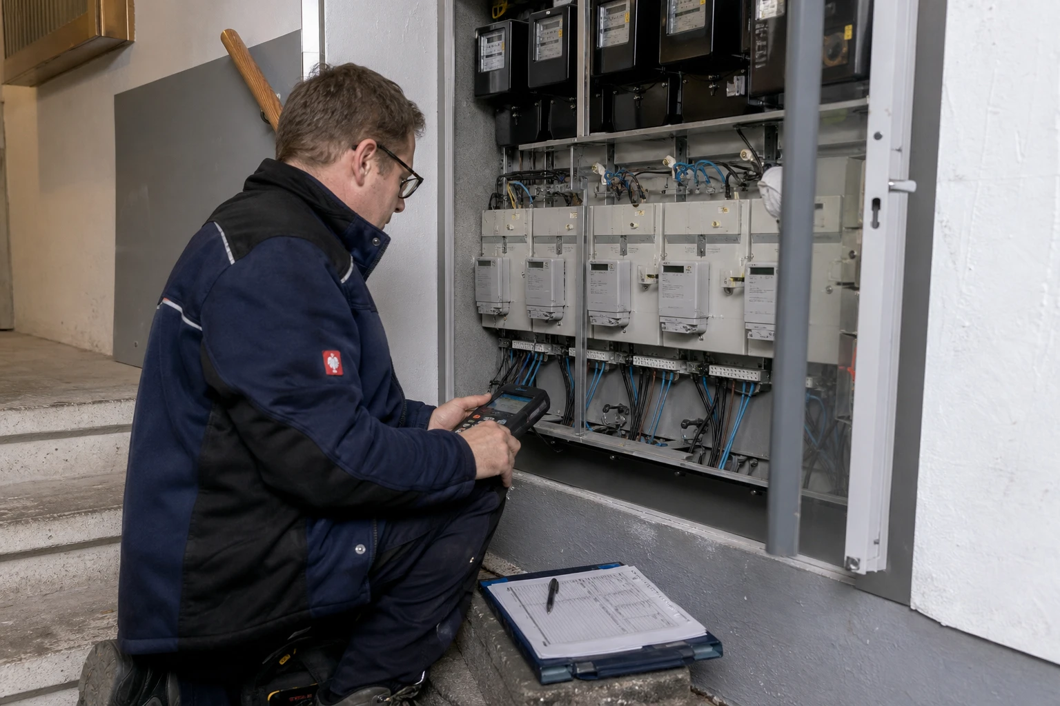 Messtechniker an einem offenen Zählerschrank mit Smart-Meter-Gateways
