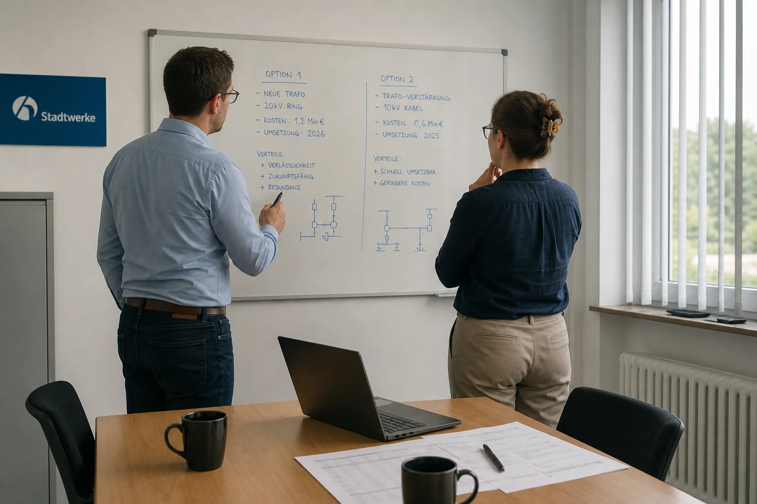 Stadtwerke-Team am Whiteboard, die Make-or-Buy-Entscheidung wird zur Grundsatzfrage des Rollouts
