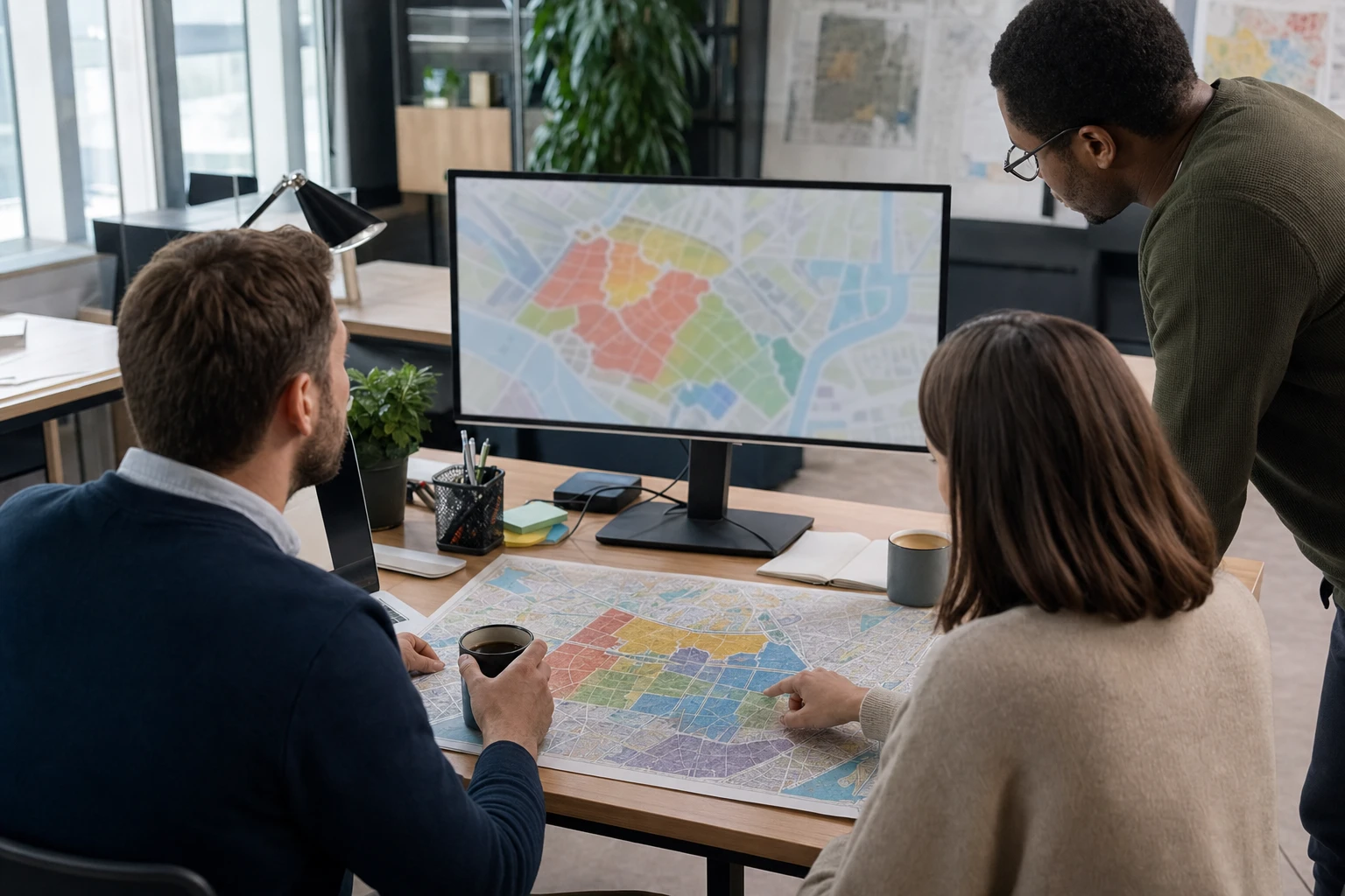 Im Planungsbüro prüfen drei Fachleute eine farbcodierte Wärmekarte der Stadt am Monitor und auf einem gedruckten Stadtplan.