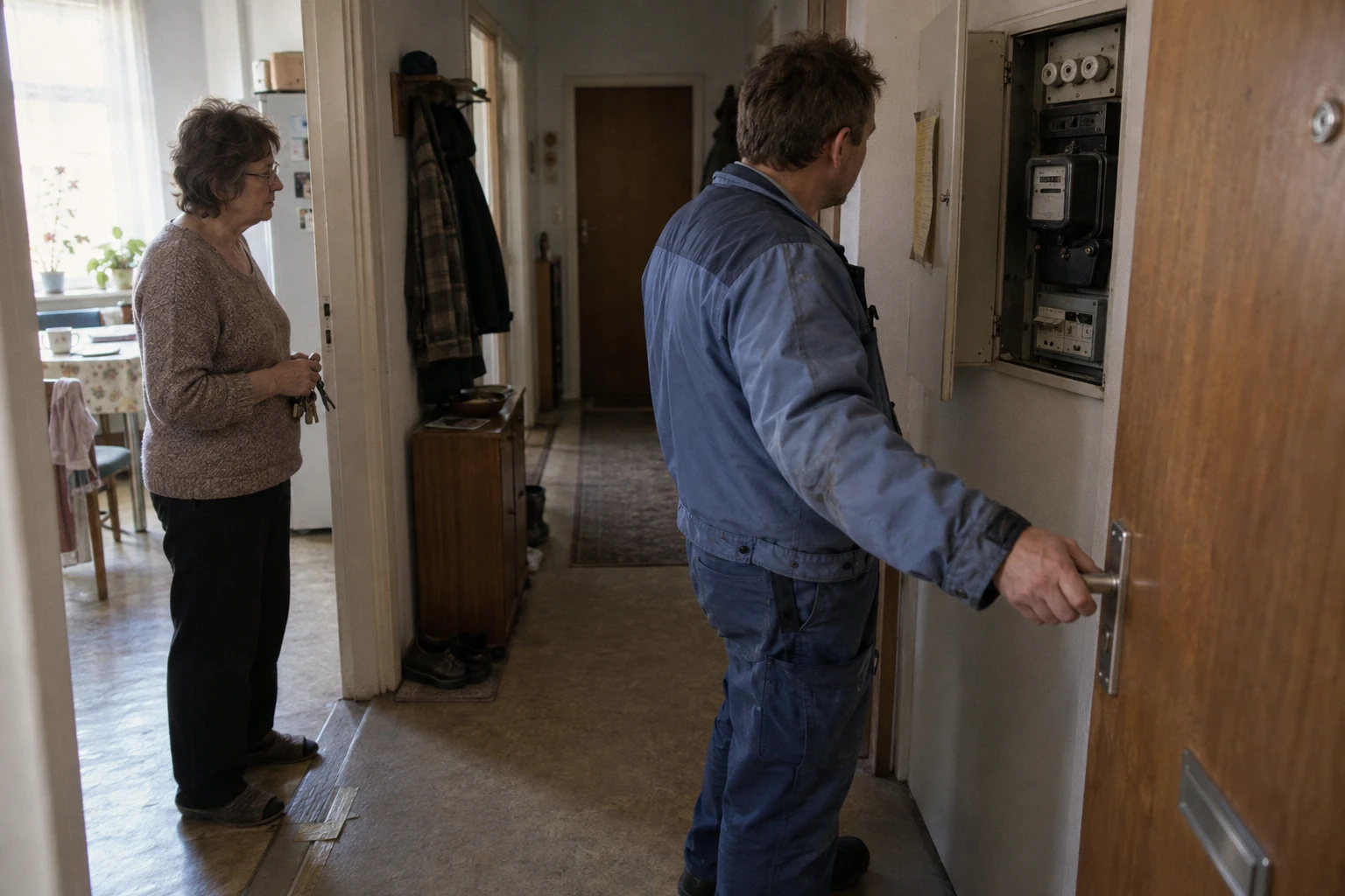 Monteur steht in der offenen Wohnungstür und sieht zum geöffneten Zählerschrank im Flur, die Bewohnerin wartet mit Schlüsselbund in der Küchentür