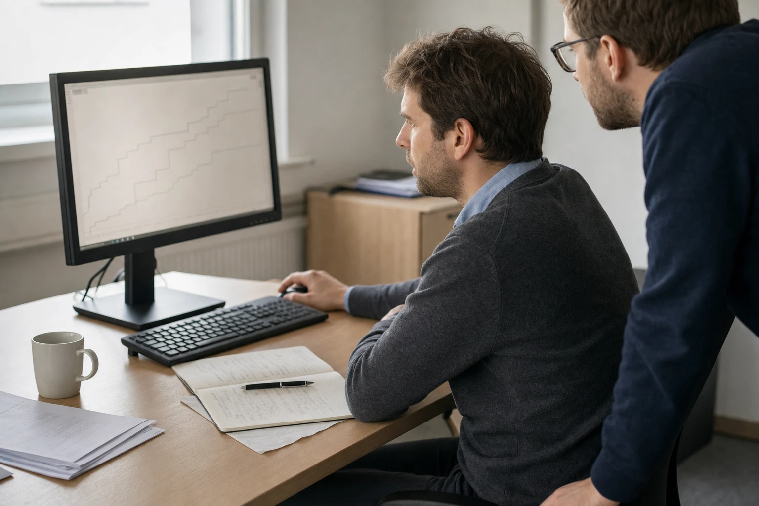 An analyst and a colleague look at a monitor with stepped price curves, a notebook with handwritten notes beside it.