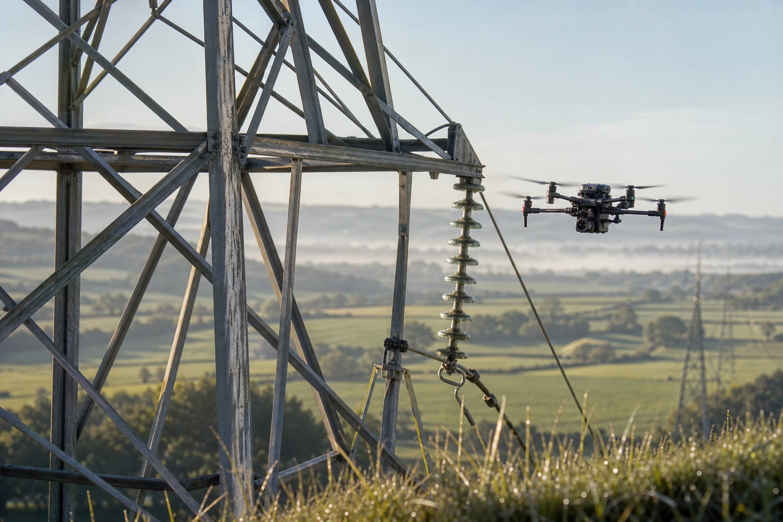 An inspection drone hovers close to a high-voltage pylon with insulators above a misty rural landscape at dawn.
