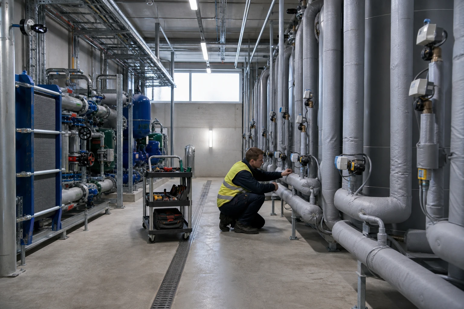 Technician inspecting insulated pipework, buffer storage tanks and a heat exchanger in the plant room of a cold district-heating energy centre.