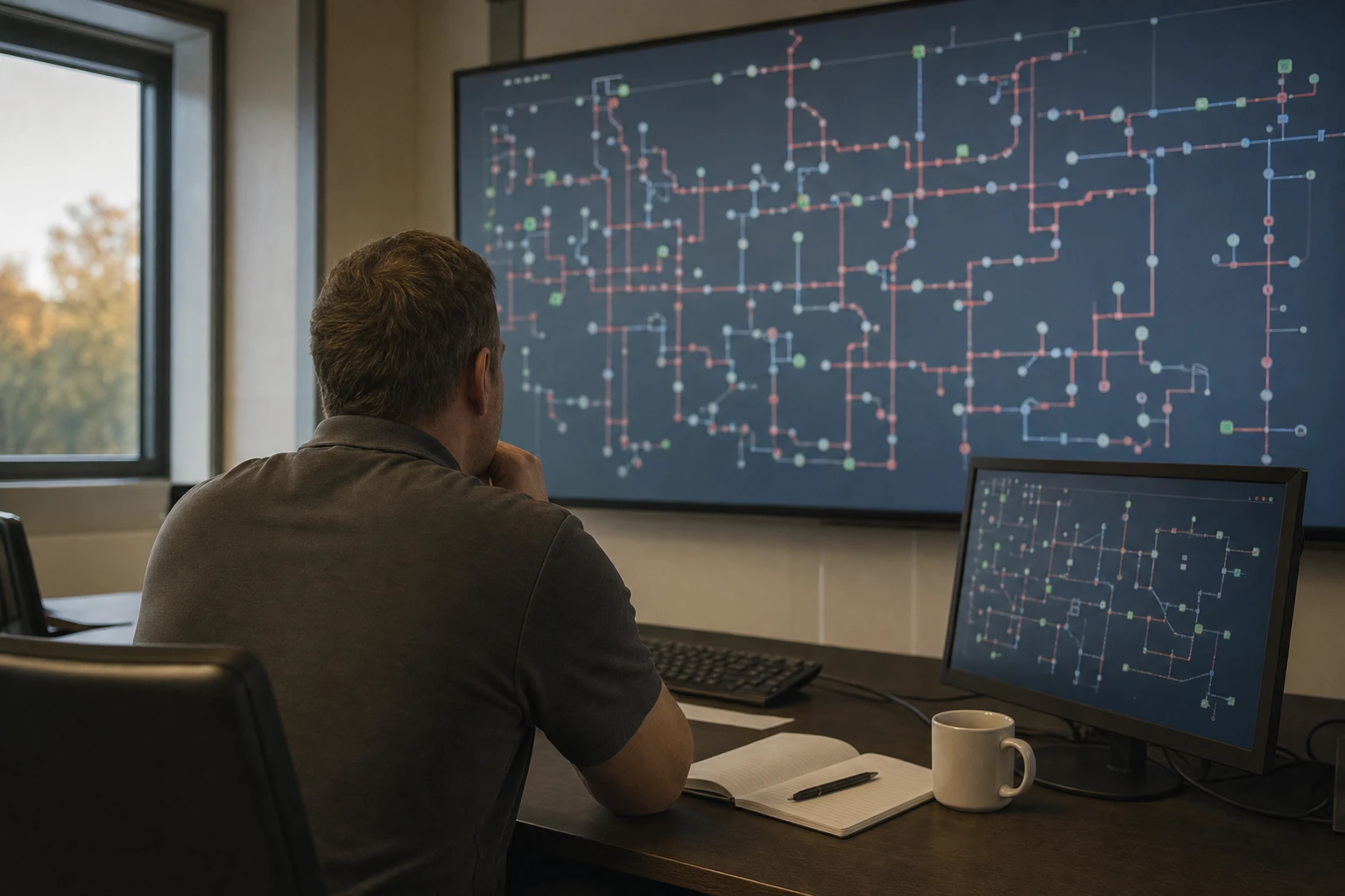 Network operator at a control desk studying an abstract network schematic of nodes and lines on a large screen in a utility control room.