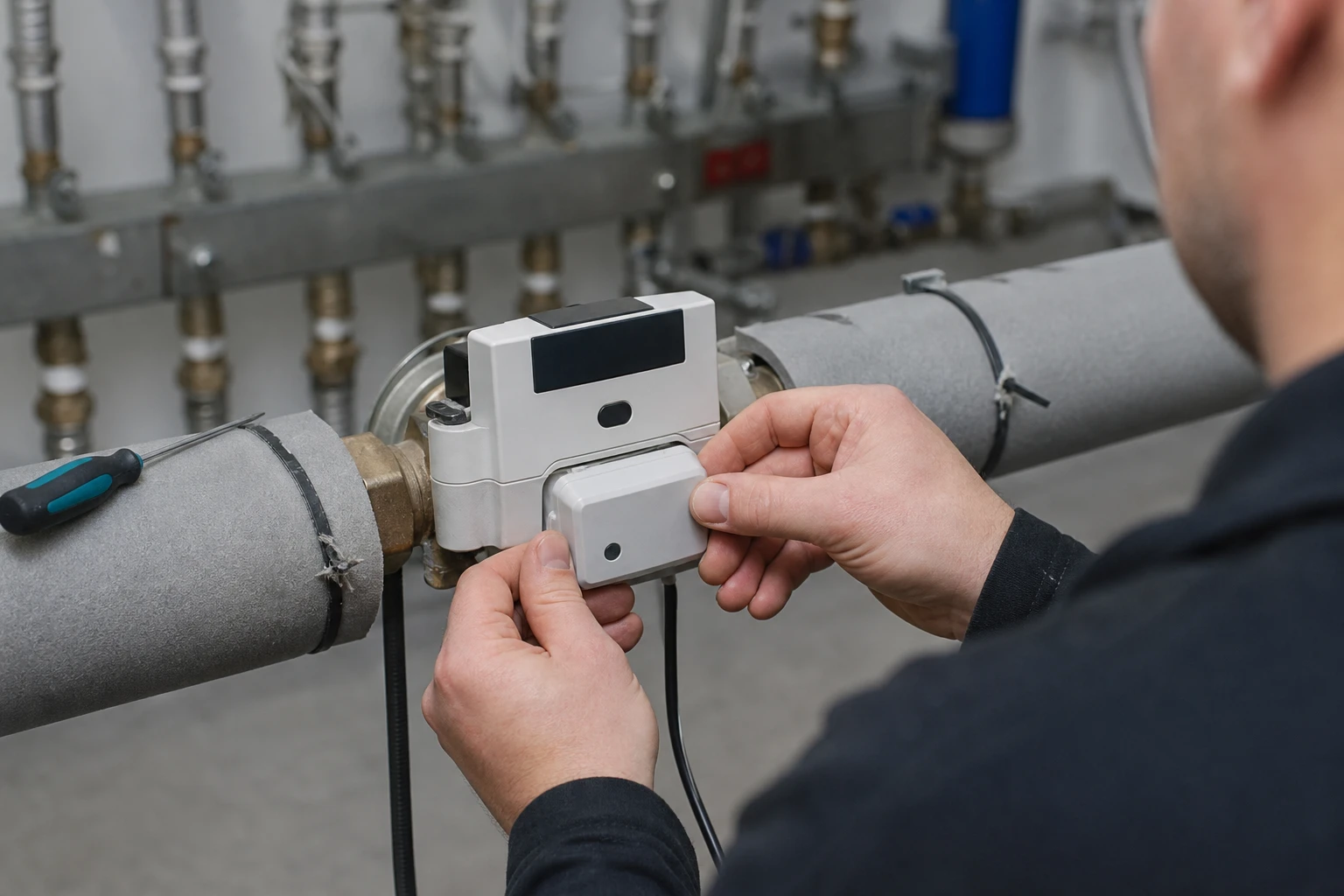 Hands fitting a small radio module onto a heat meter on an insulated district-heating pipe in a plant room.
