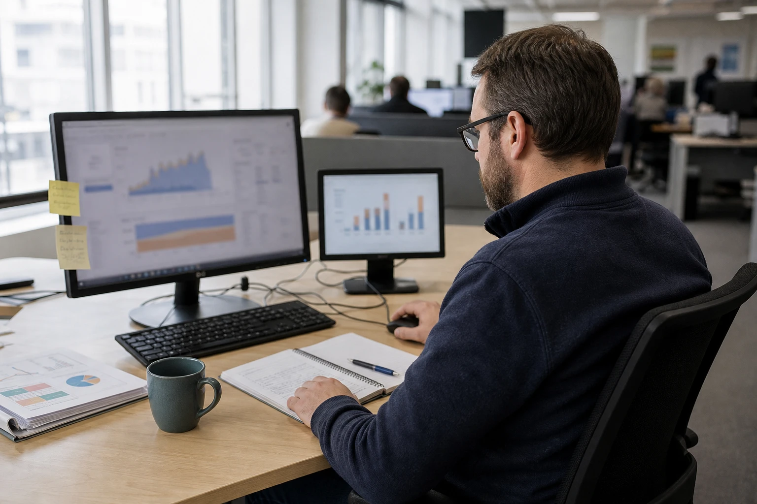 Employee in an energy utility back office reviewing district-heating consumption data with charts on two monitors.