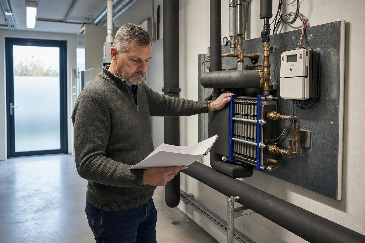 Facility manager reviews energy procurement documents in a plant room next to a district heating transfer station with a heat meter.