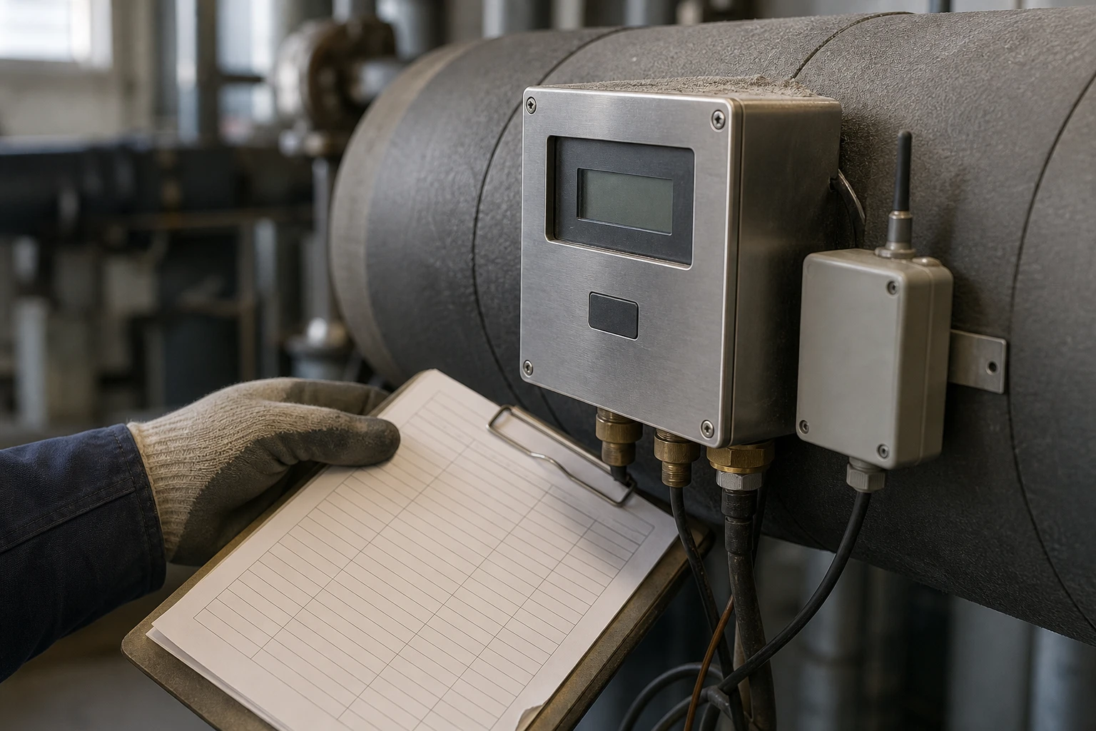 Gloved hand holds a clipboard form against an insulated district heating pipe next to a heat meter with a radio module.