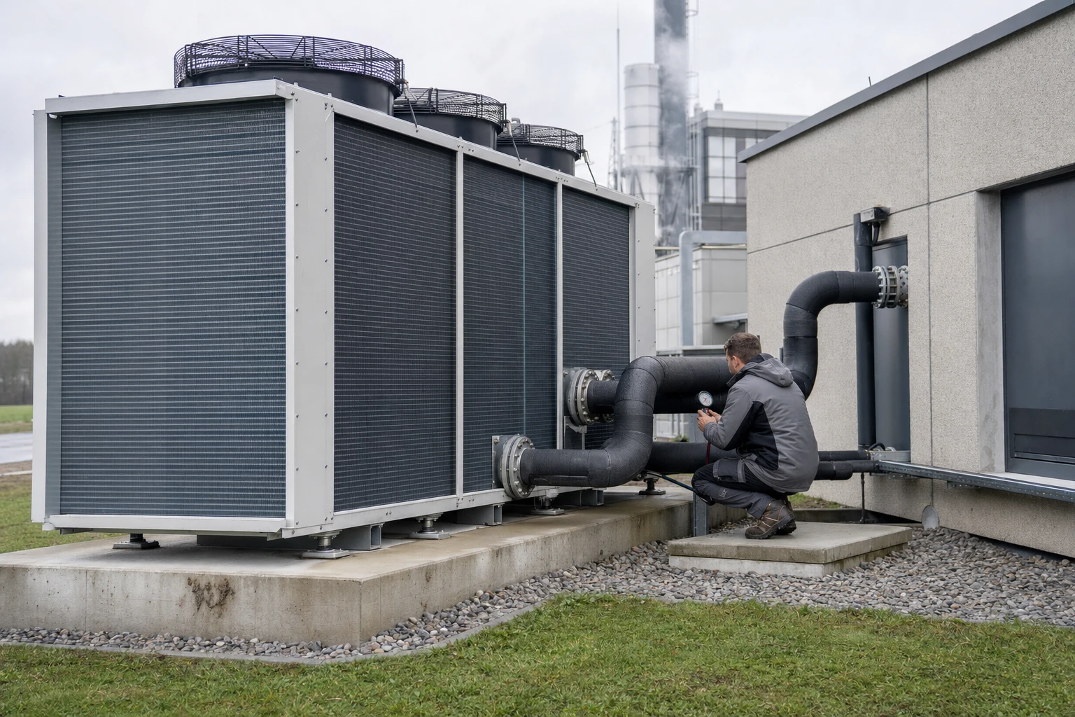 Large air-to-water heat pump on a concrete base next to a district heating energy centre, a technician checks the pipe connection with a handheld gauge.