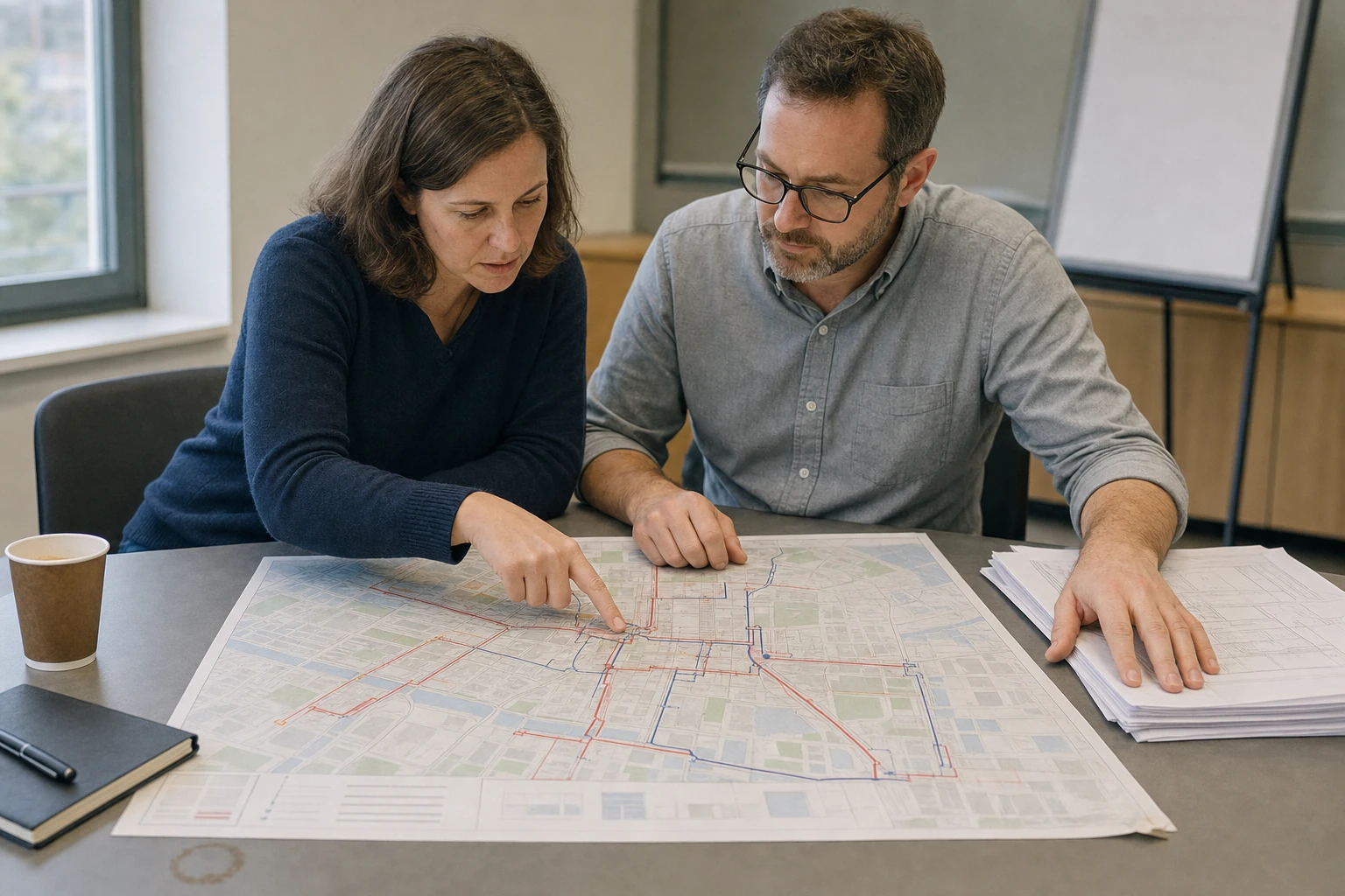 Two municipal planners study a printed district heating network map at a meeting table and discuss the project planning.