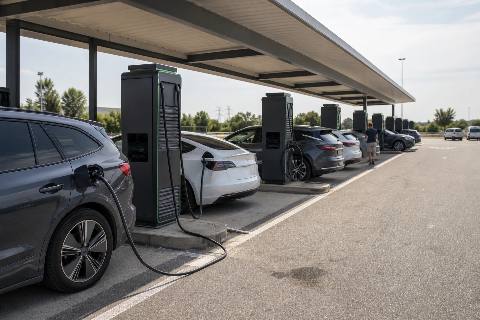 A long row of public fast-charging points at a motorway service area, with electric cars connected at several bays.