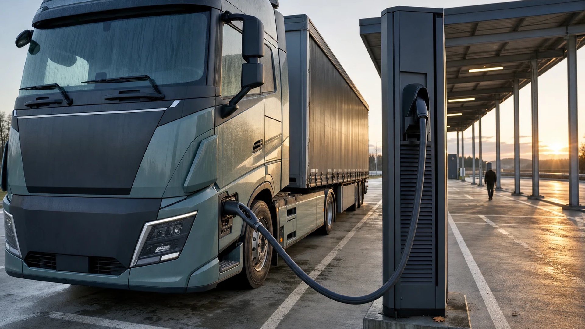 Battery-electric articulated truck at a megawatt charging hub by a motorway services, a thick cable running from the charging cabinet to the truck.