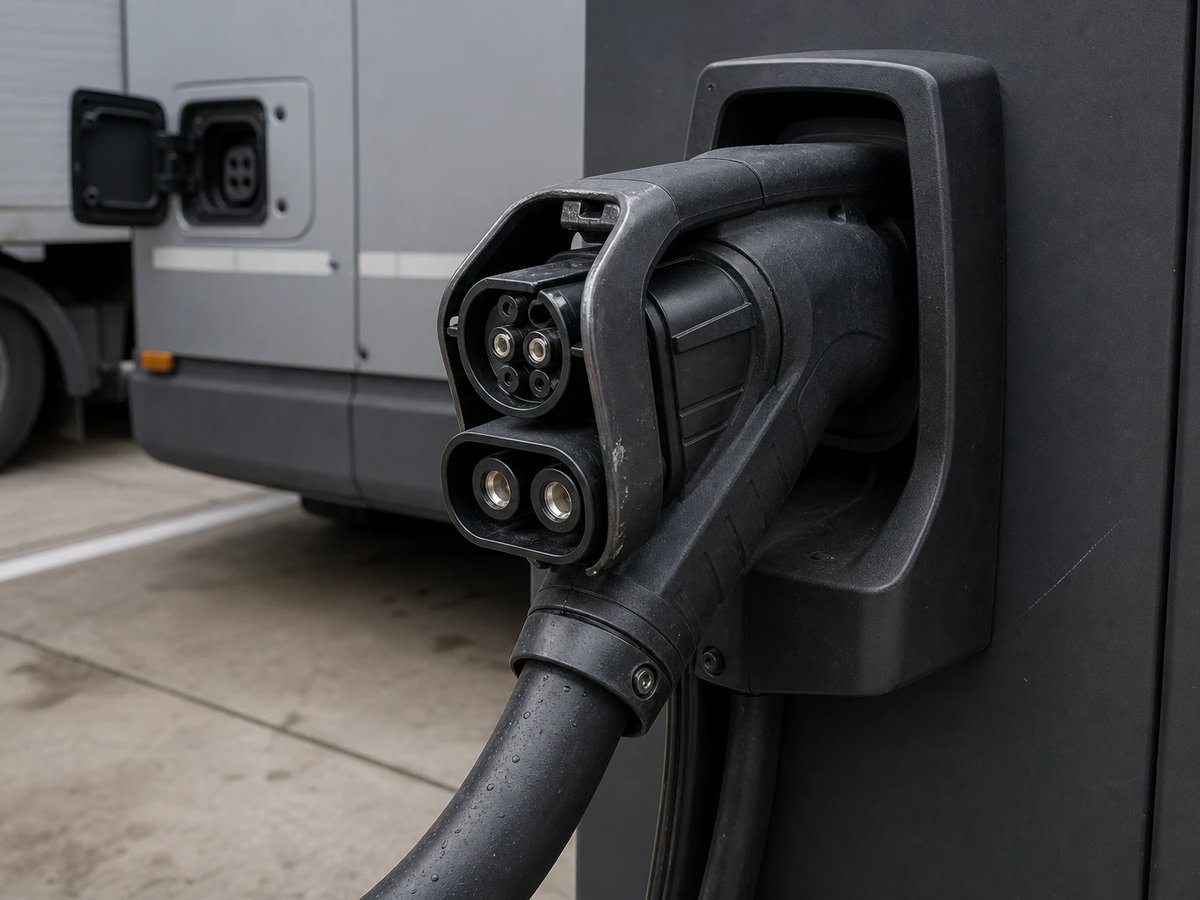 Close-up of a heavy charging connector resting in its holster on a dark charging cabinet, with the open charging flap of a commercial vehicle behind.