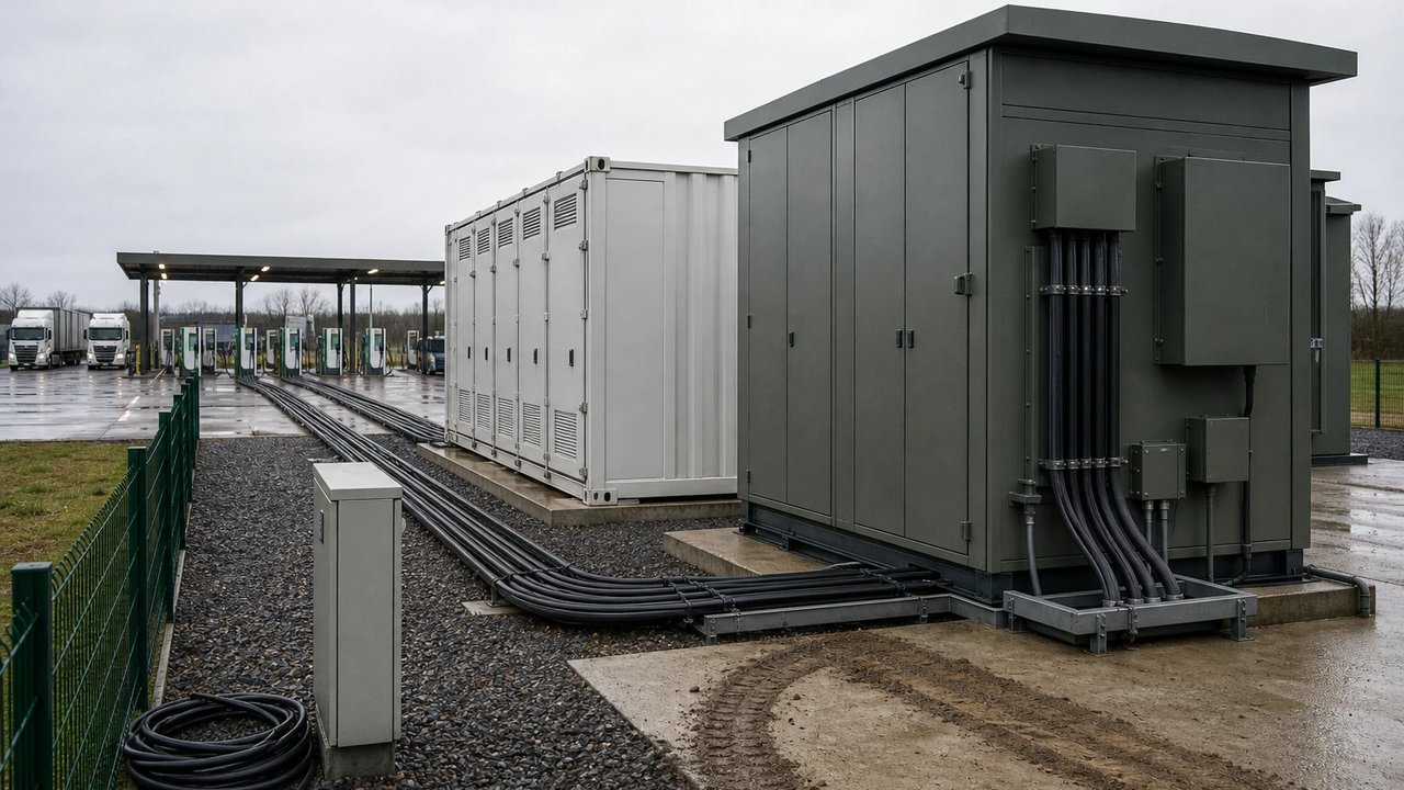 Compact medium-voltage transformer station and a battery storage container next to a truck charging hub, thick cables run to the charging cabinets behind.