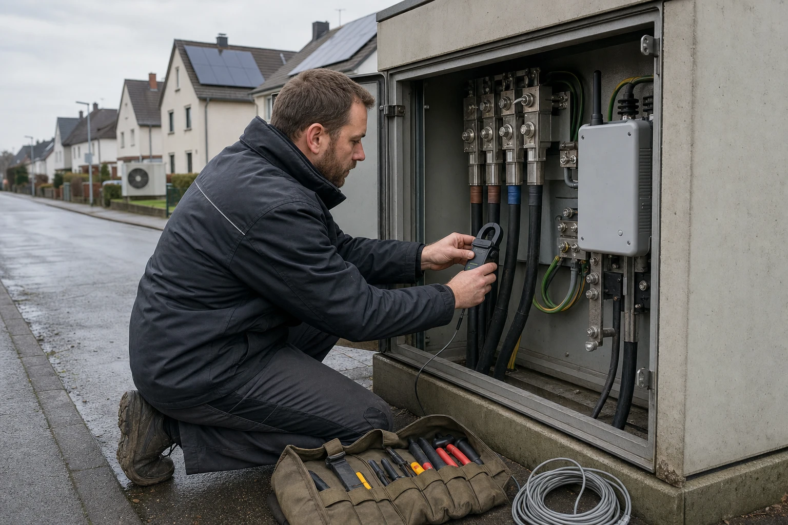 A grid technician at an open secondary substation cabinet on a residential street clips a current sensor around a low-voltage cable, with houses carrying solar panels and a heat pump behind.