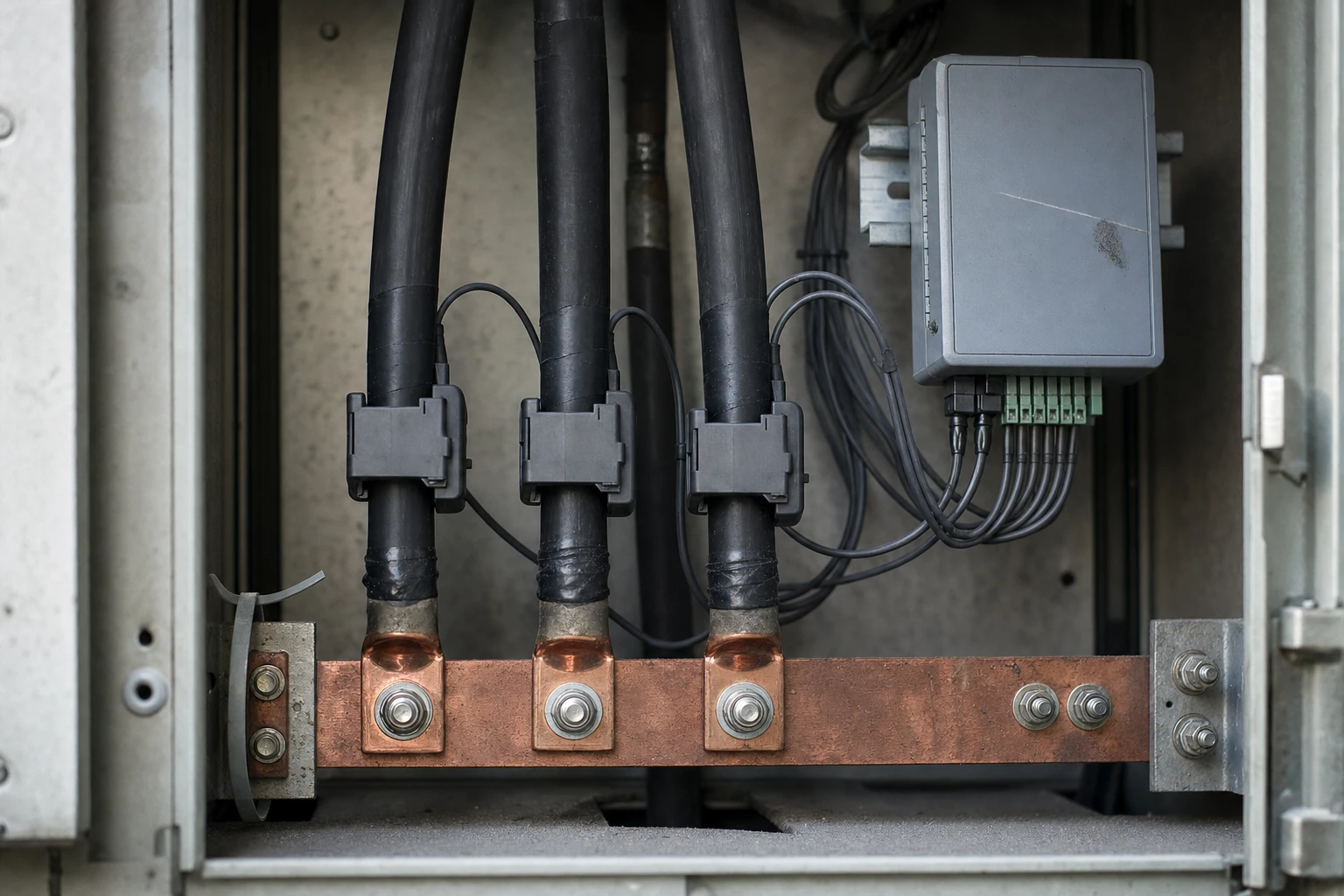 Close-up inside an open secondary substation cabinet: three low-voltage cables on a copper busbar with clip-on current sensors and a grey communication module.