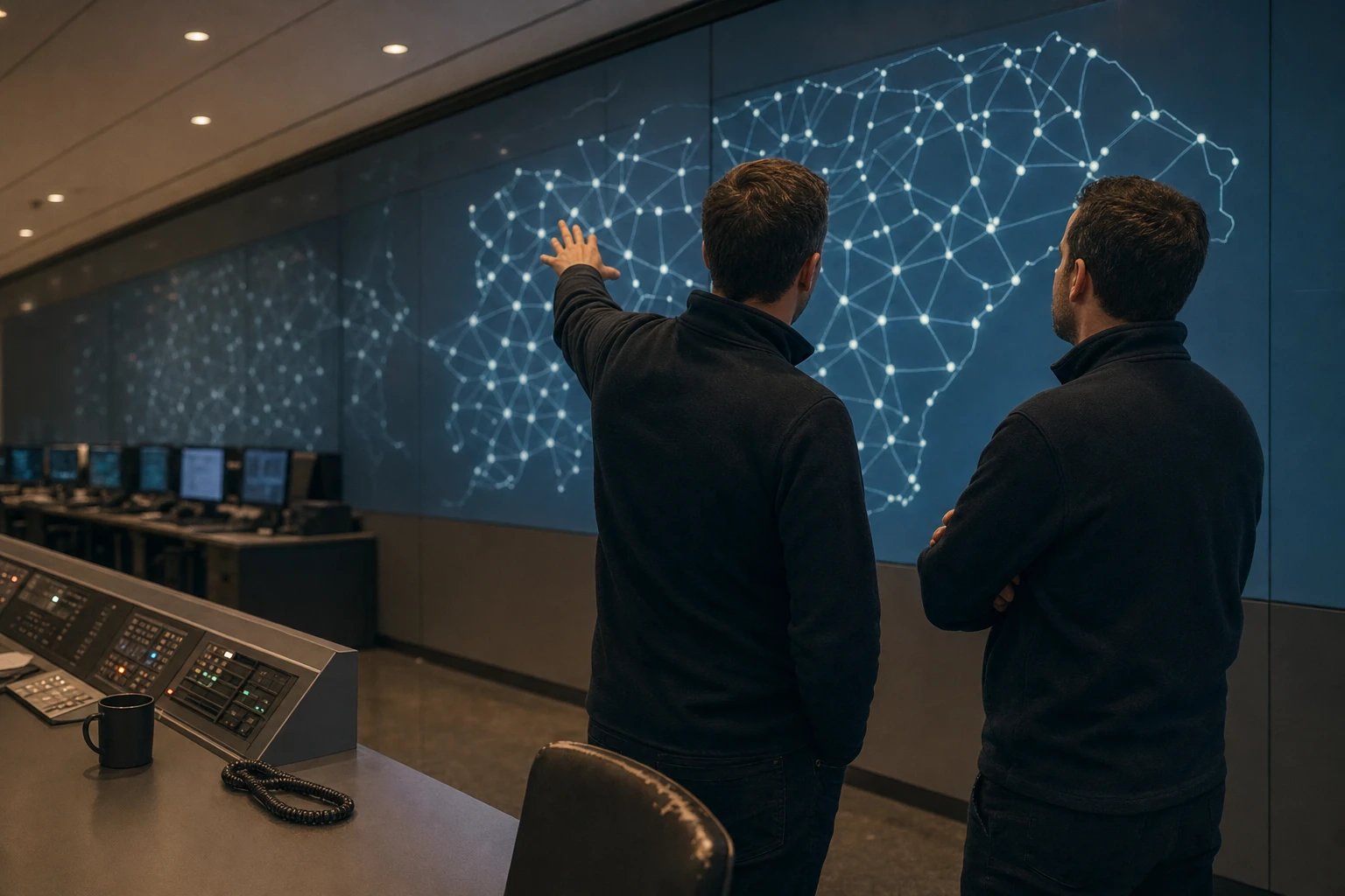 Two grid operators in a calm control room look together at a large wall screen showing a glowing map of interconnected regions rendered as dots joined by thin lines.
