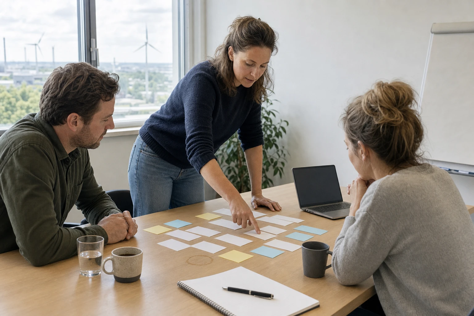 Three energy-sector professionals stand and sit around a light wooden table, one woman pointing at loose clusters of blank cards and sticky notes.