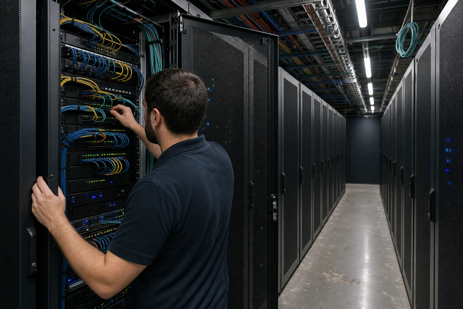 A technician in a data centre checks a bundle of neatly routed network cables at an open rack door between two rows of dark server racks.
