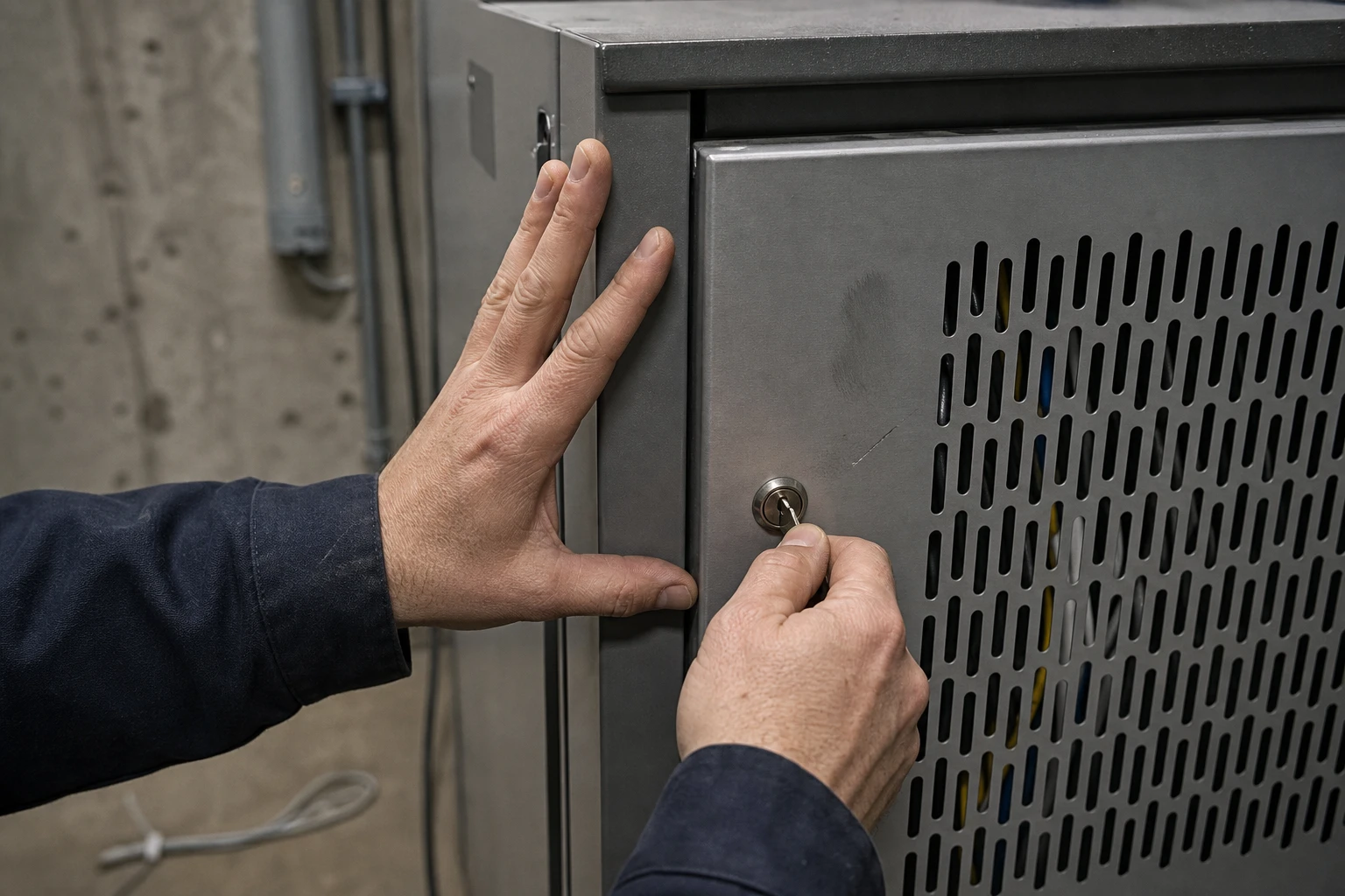 Two hands close and lock the perforated steel door of a grey network cabinet in a plant room, with bundled cables visible behind.