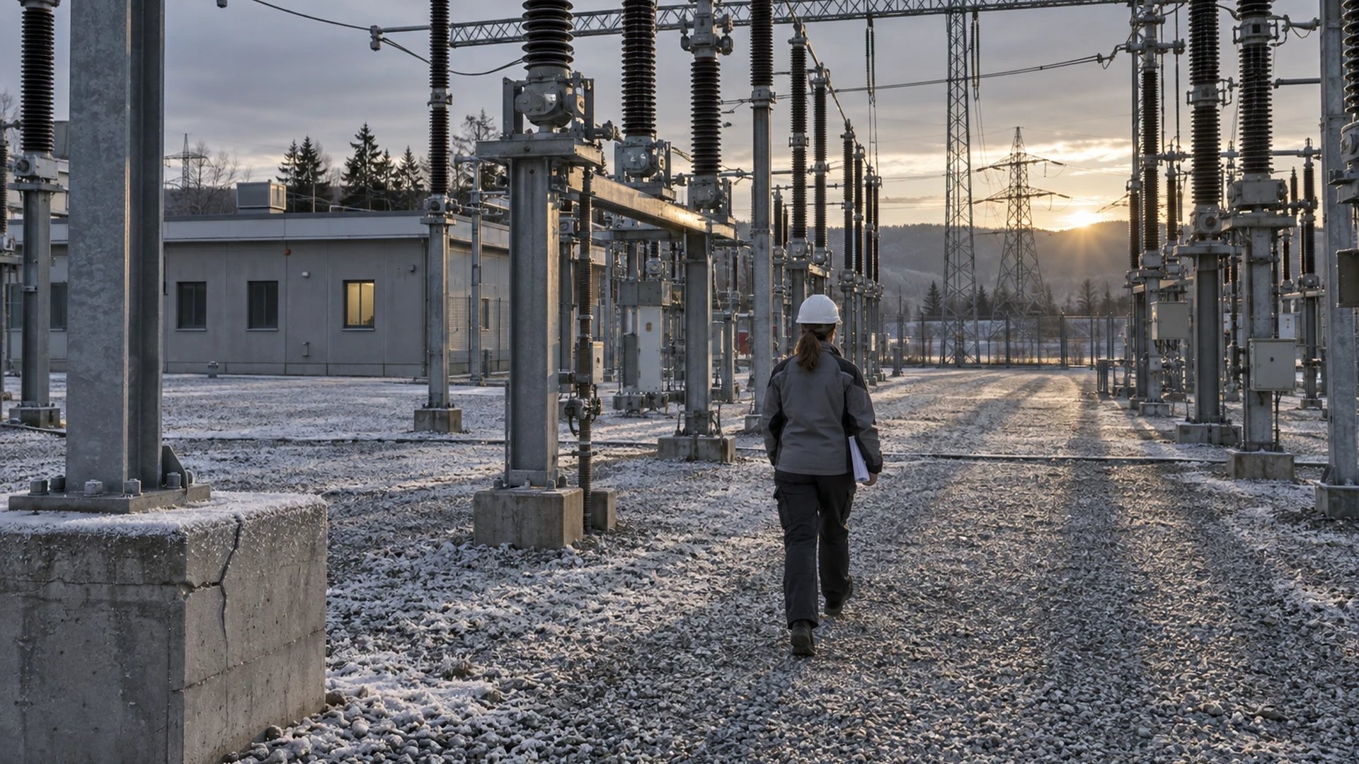 Technician in a white helmet walks through the frosted 380 kV yard of a substation, the line toward the border behind her