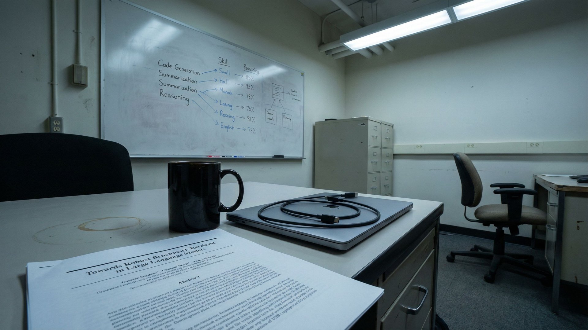 Empty university computer science research lab after hours with a printed arXiv paper and a whiteboard covered in skill retrieval diagrams